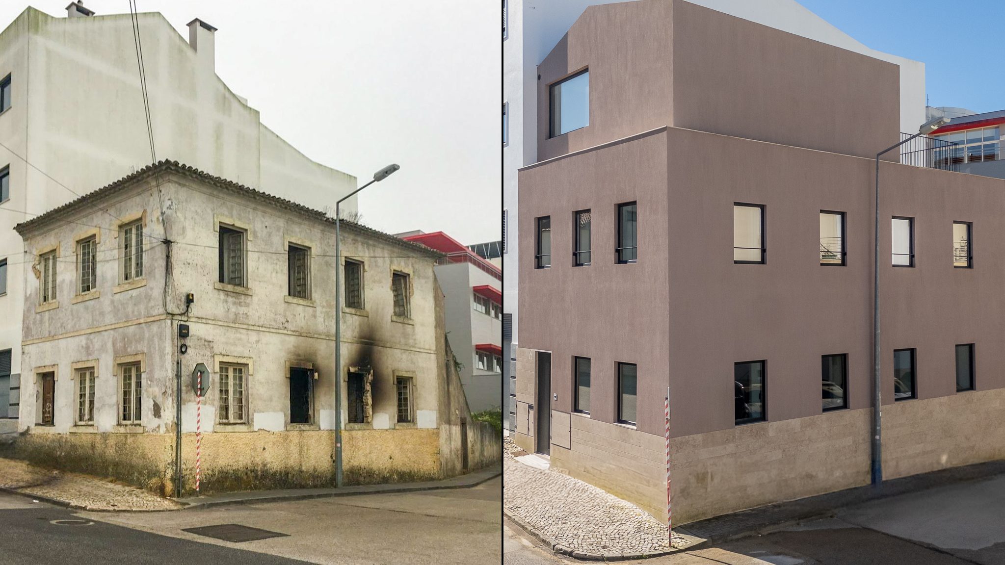 A mesma esquina da Casa do Bairro, em Mafra, antes e depois da reabilitação