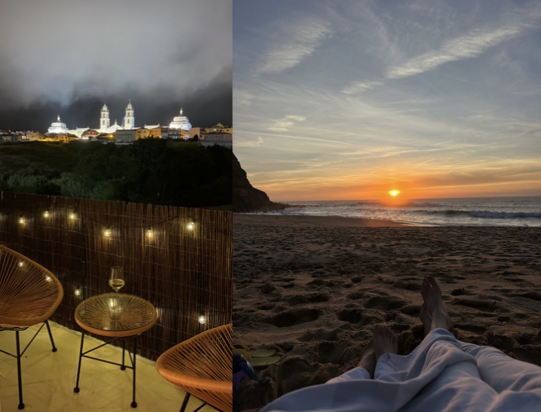 Palácio Nacional de Mafra iluminado à noite e pôr do sol na praia da Ericeira