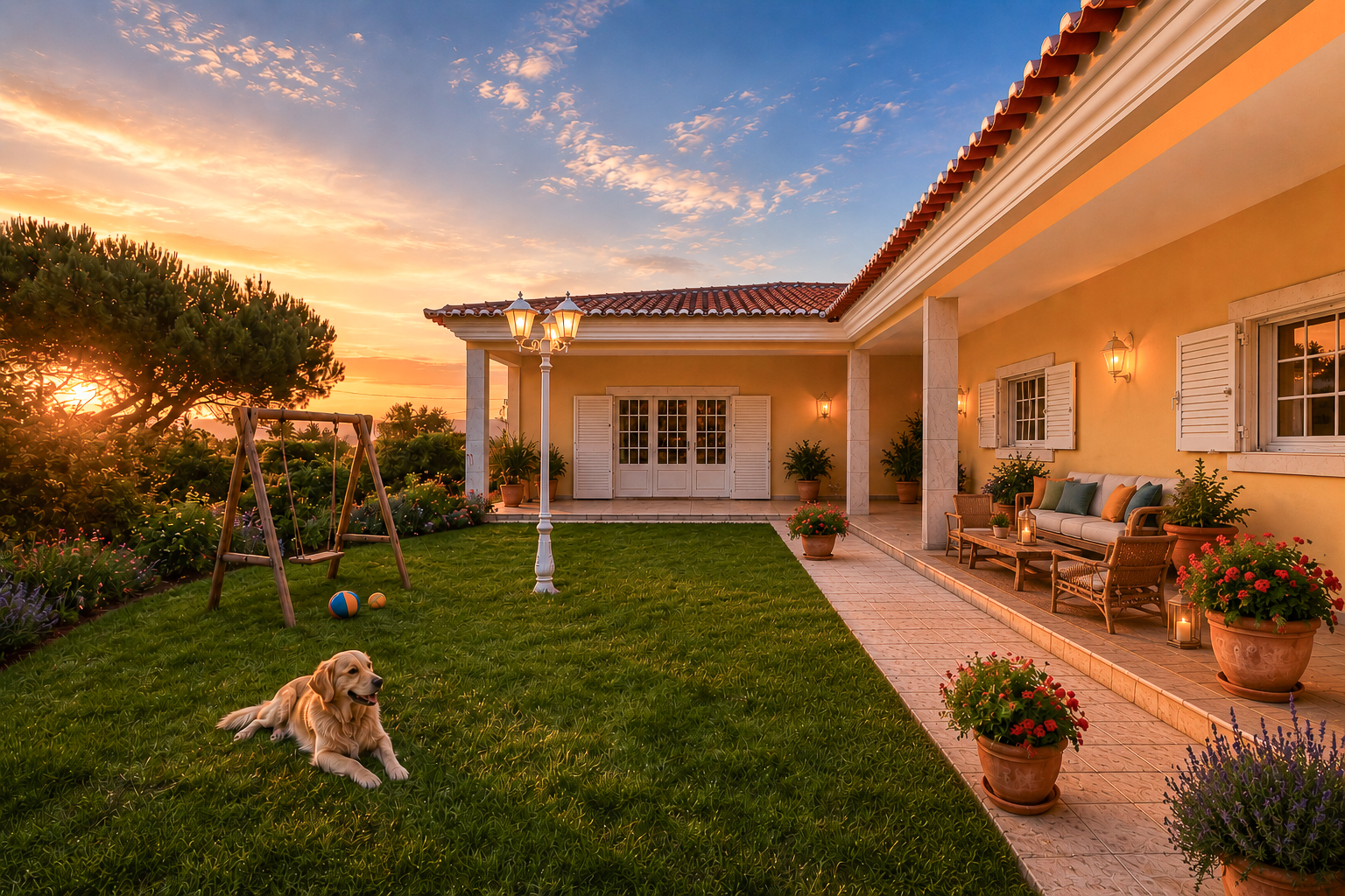 Visualização jardim ao pôr do sol