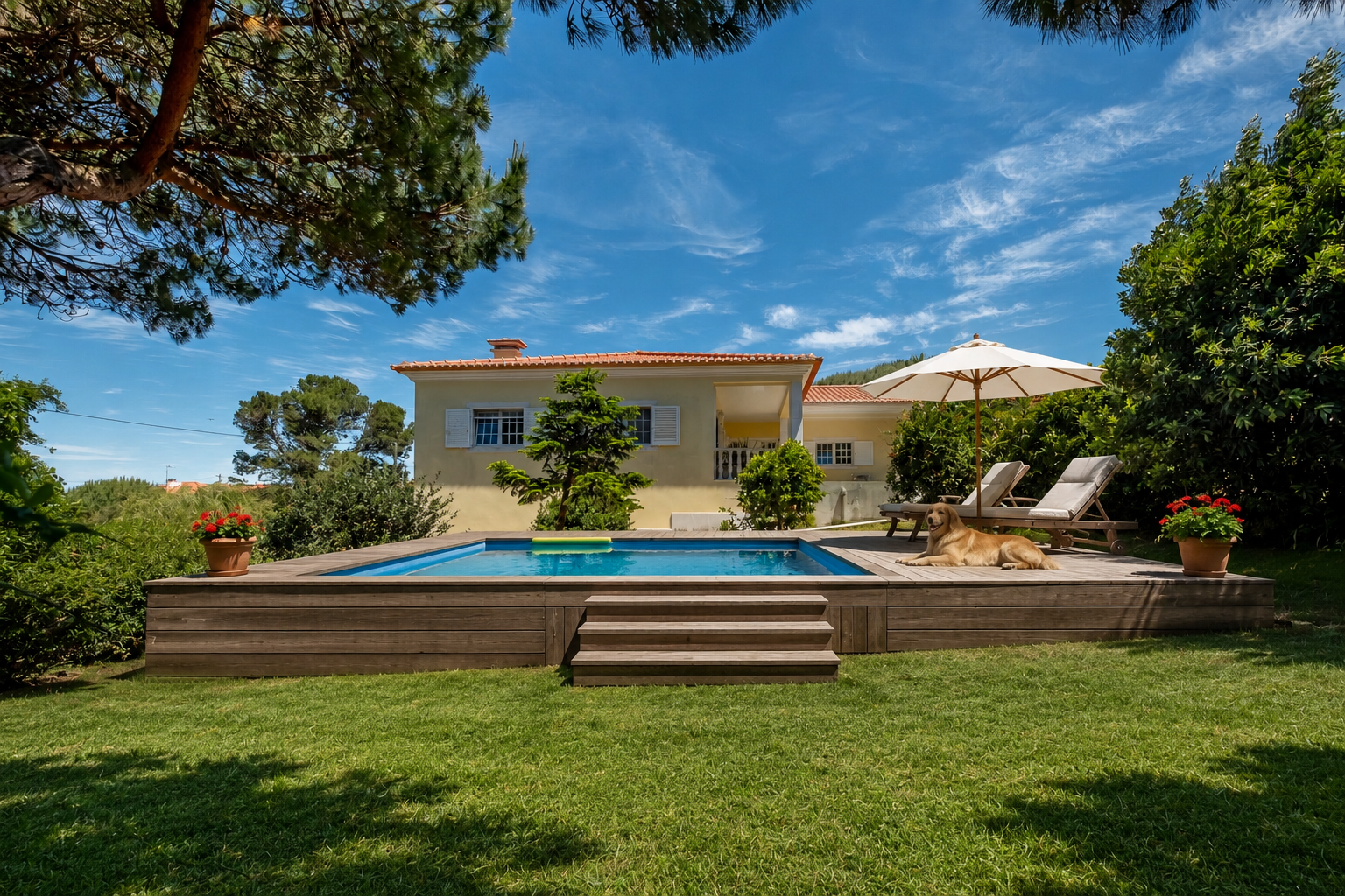 Visualização zona exterior com piscina e churrasqueira
