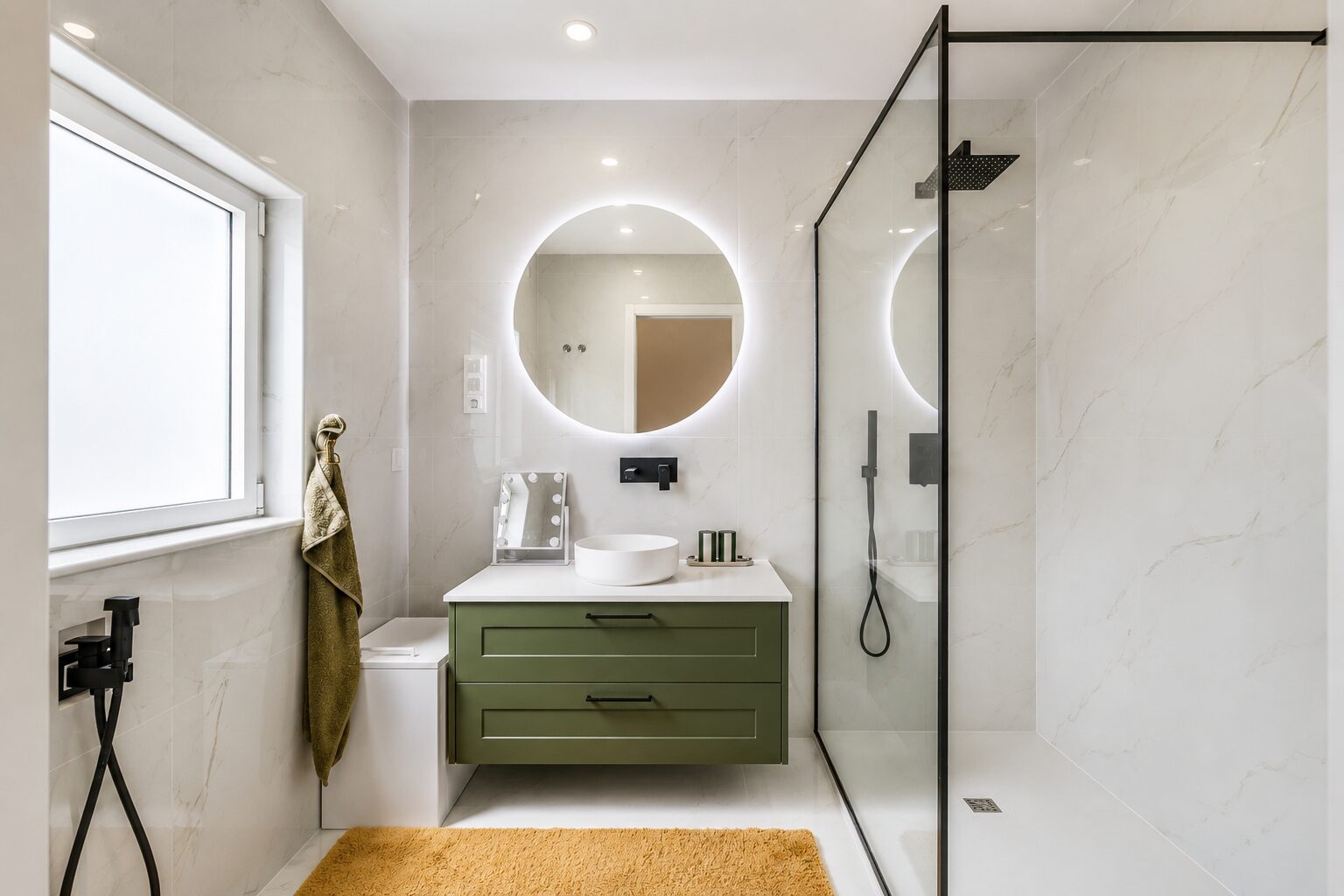 Casa de banho comum em mármore branco com móvel verde e espelho circular iluminado